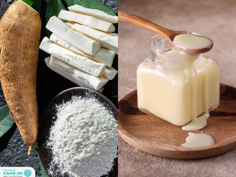 bột sắn dây và sữa đặc