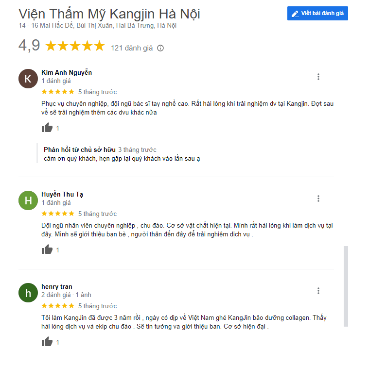 Đánh giá của khách hàng về Viện thẩm mỹ KangJin 