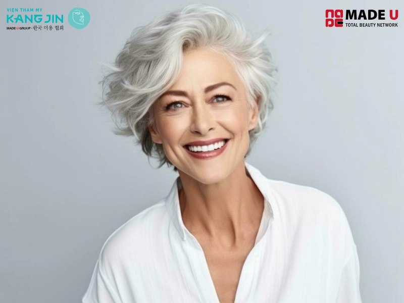 Da mặt xuất hiện nếp nhăn, đặc biệt ở trán, khóe mắt, miệng.